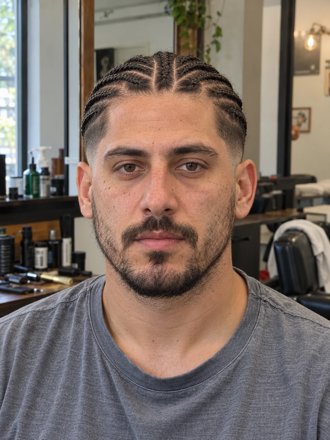 AI haircut concept: low burst fade with tied microbraids, front view.