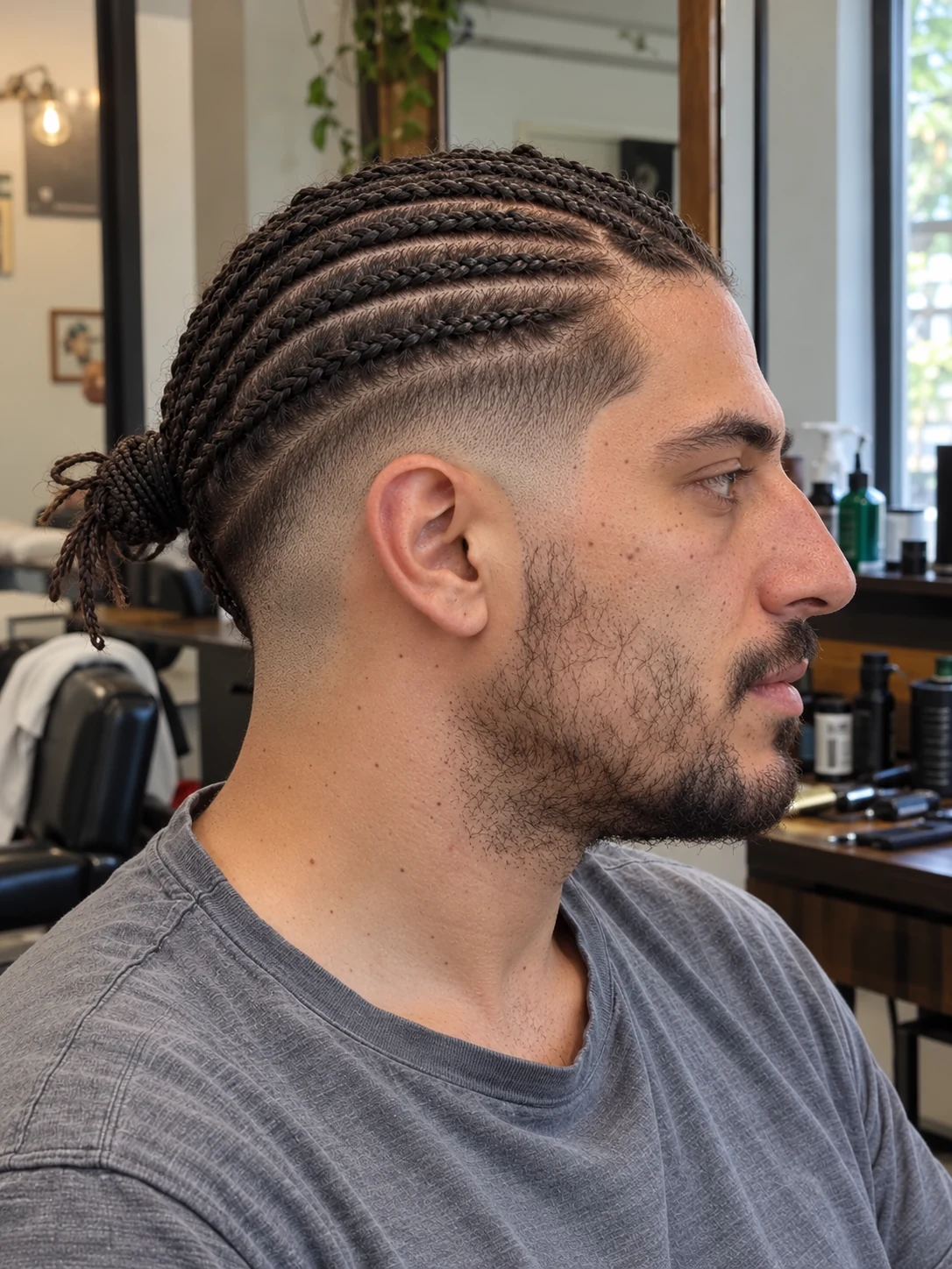 AI haircut concept: low burst fade with tied microbraids, opposite-side view.
