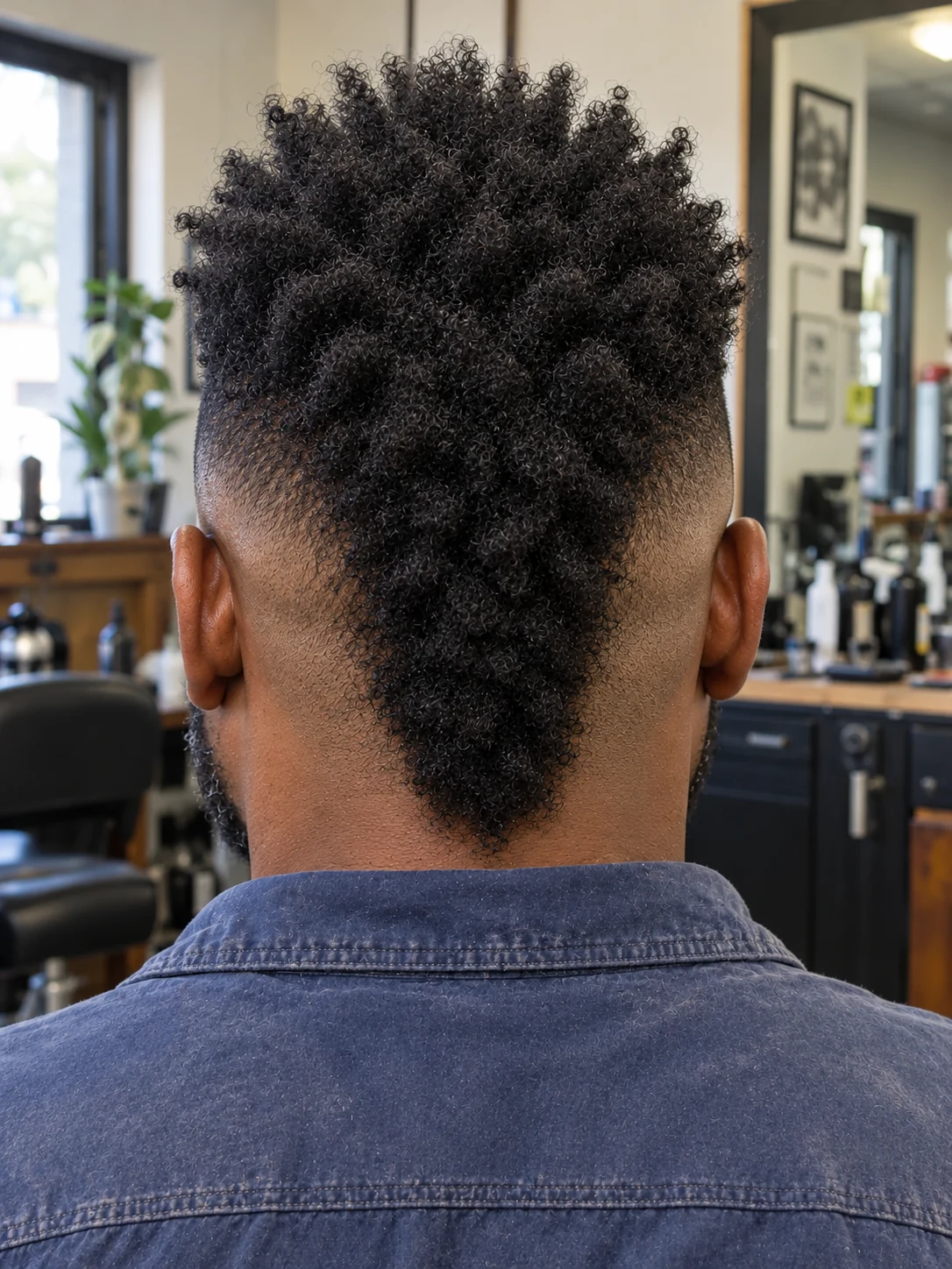 AI haircut concept: mid burst fade with a long afrohawk, rear view.