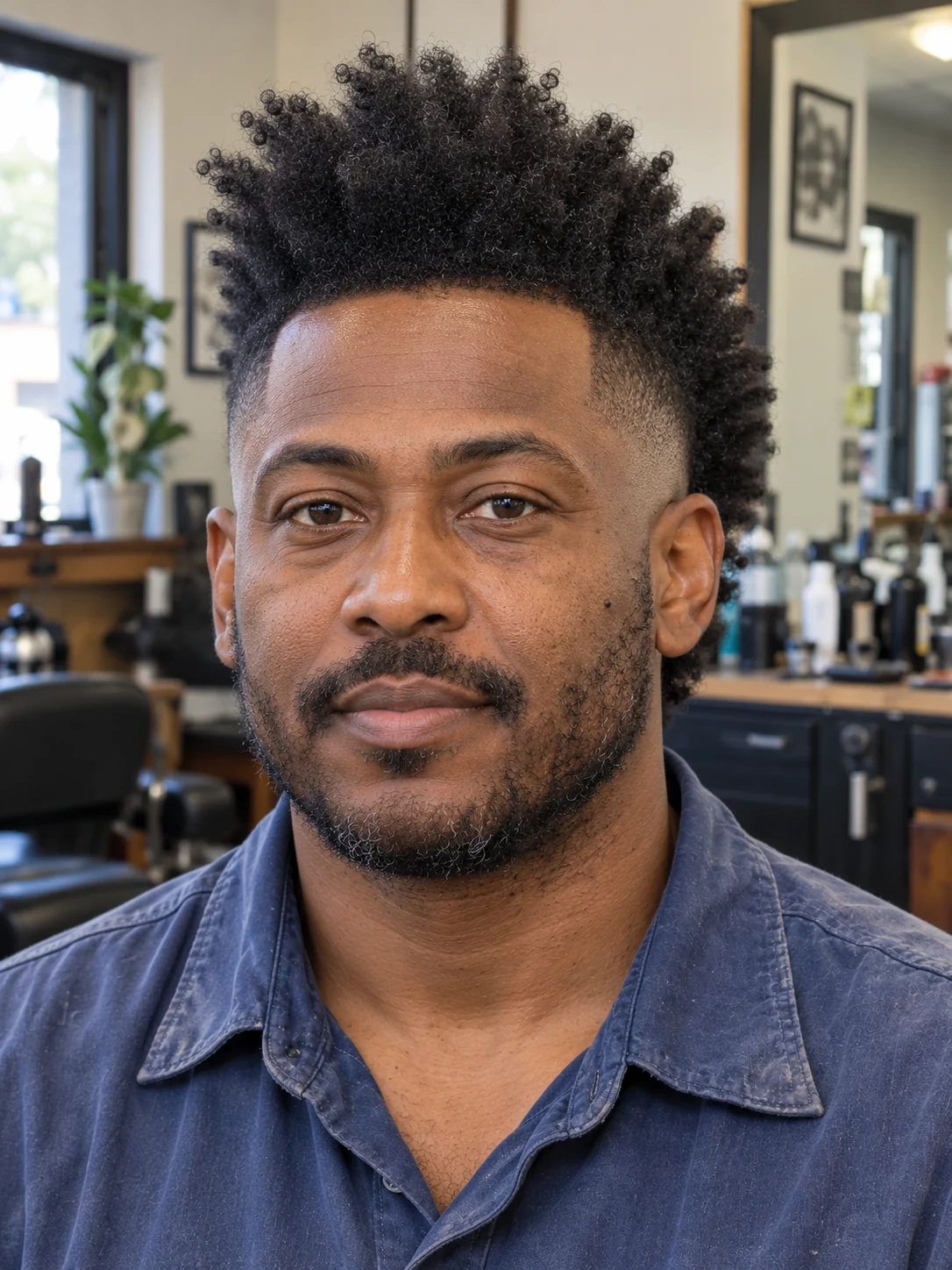AI haircut concept: mid burst fade with a long afrohawk, front view.