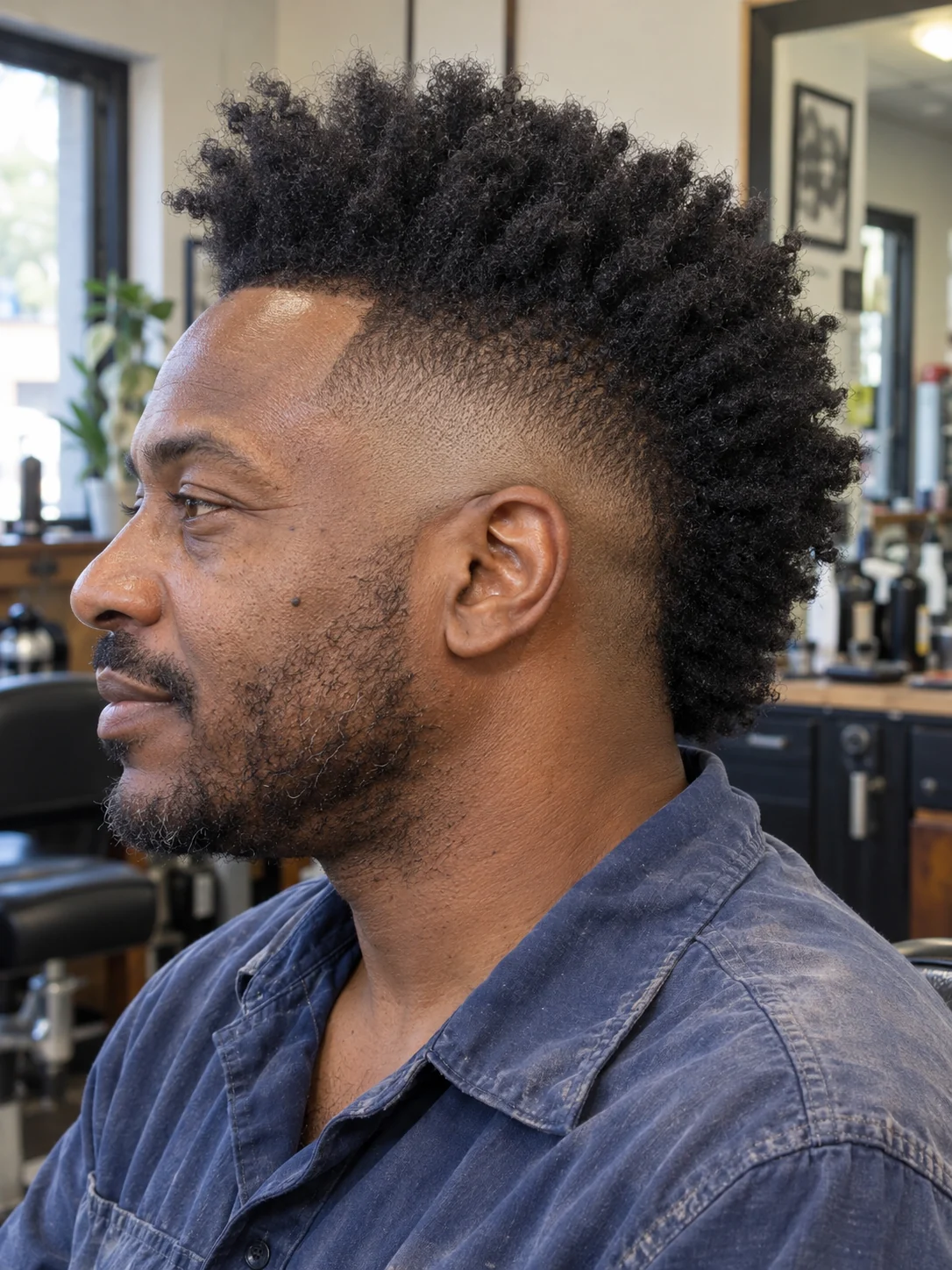 AI concept: mid burst fade with a long afrohawk, left-side near-profile view.