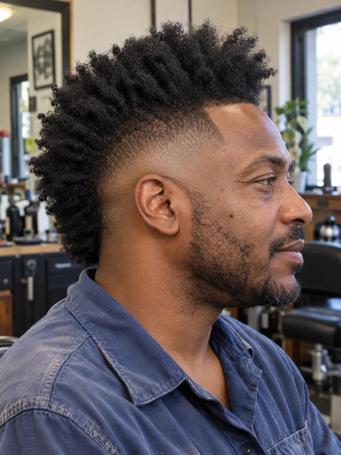 AI haircut concept: mid burst fade with a long afrohawk, opposite-side view.