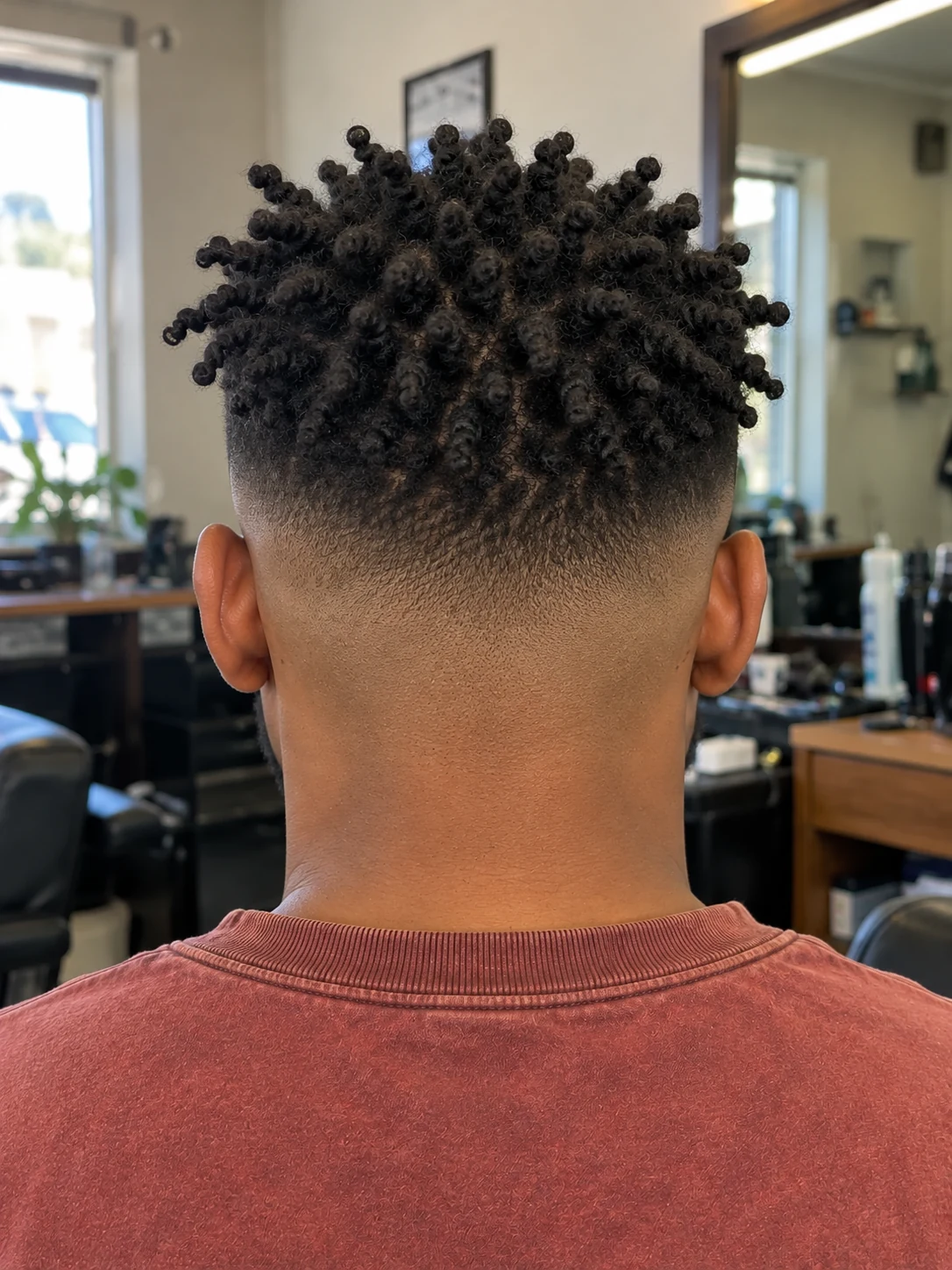 AI haircut concept: high skin fade with short twist spikes, rear view.