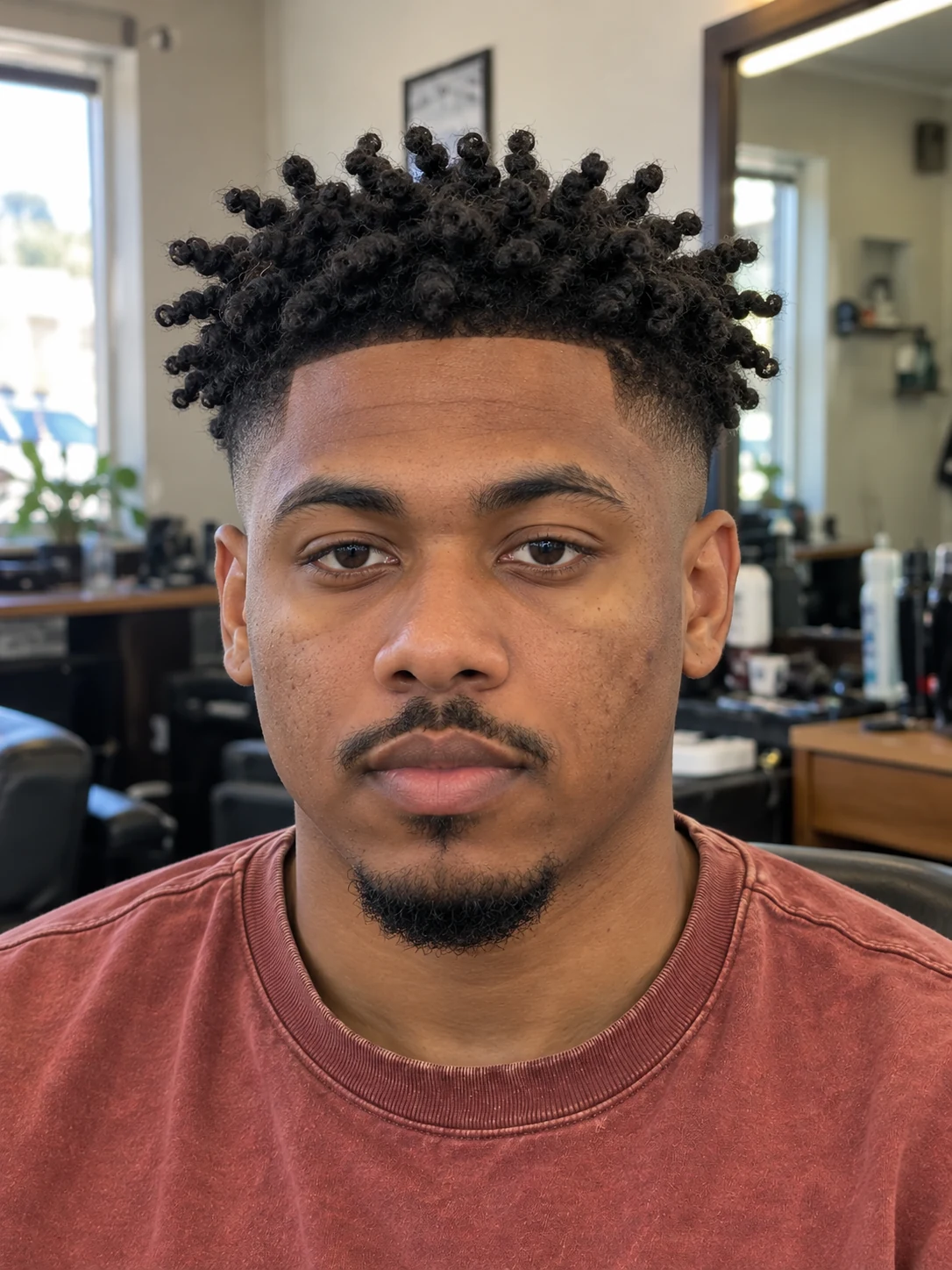 AI haircut concept: high skin fade with short twist spikes, front view.
