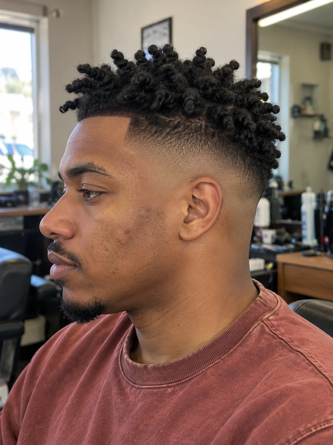 AI concept: high skin fade with short twist spikes, left-side near-profile view.
