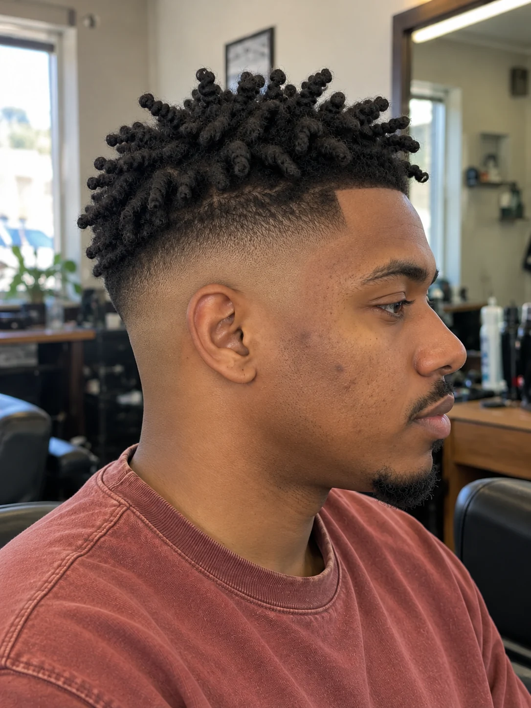 AI haircut concept: high skin fade with short twist spikes, opposite-side view.