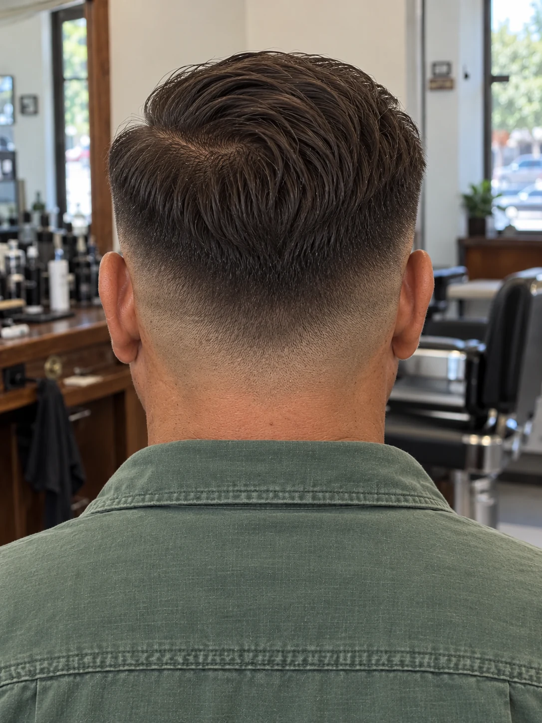 AI haircut concept: low skin fade with a defined side-part comb-over, rear view.