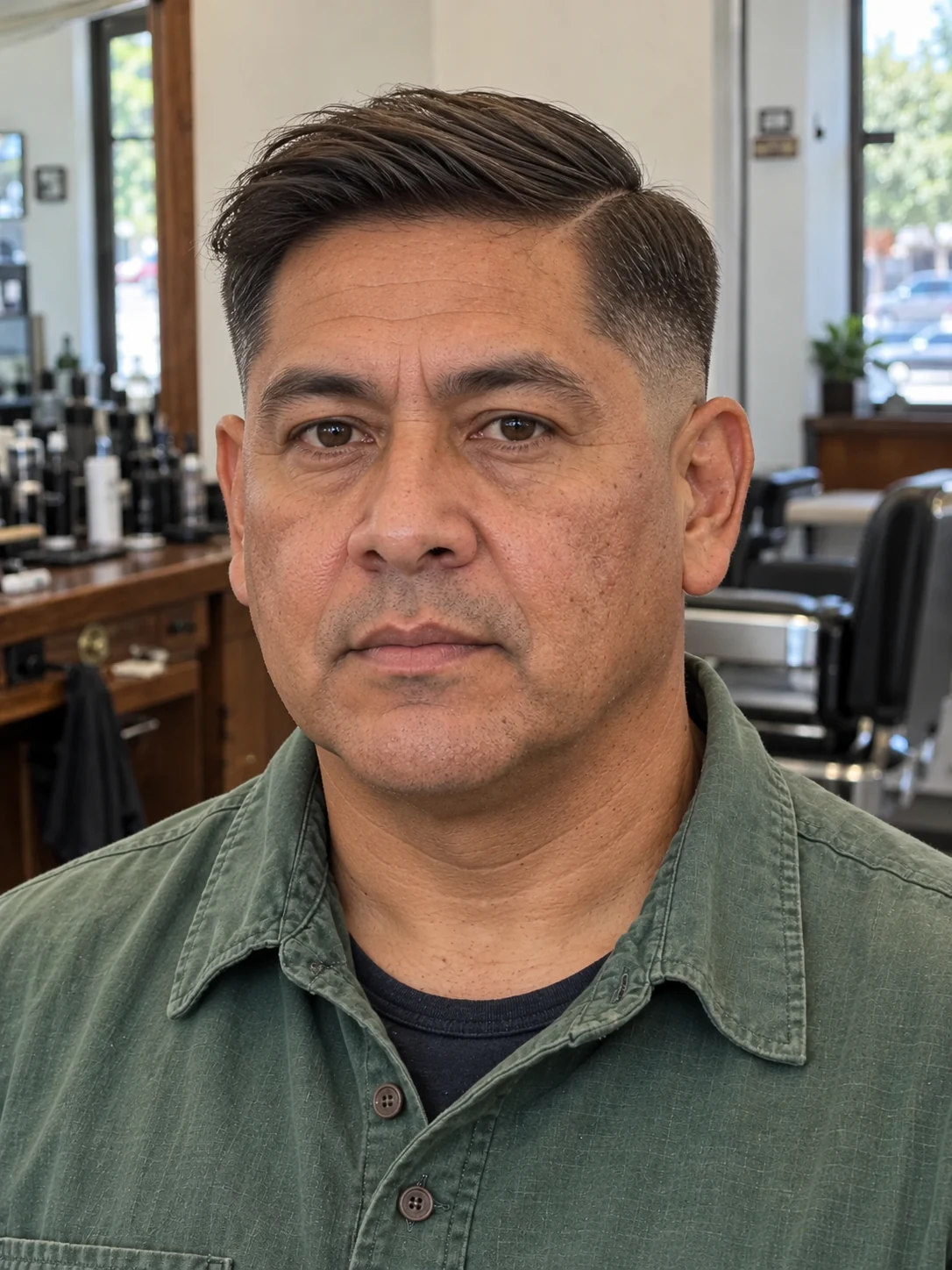 AI haircut concept: low skin fade with a defined side-part comb-over, front view.