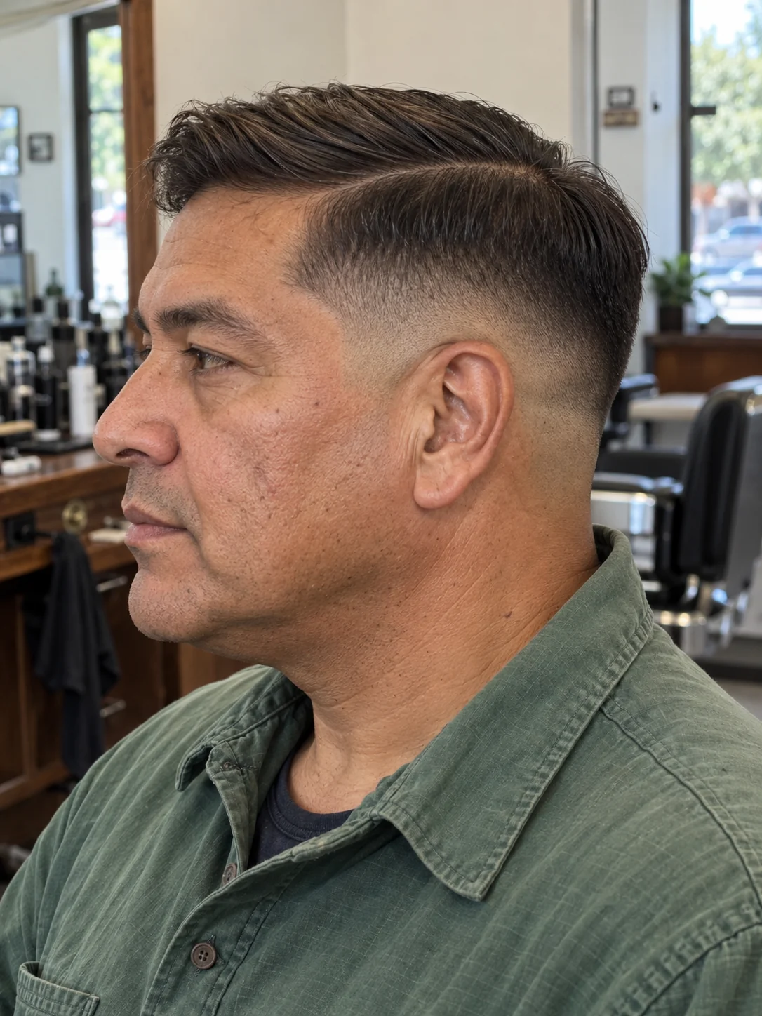 AI concept: low skin fade with a defined side-part comb-over, left-side angled view.