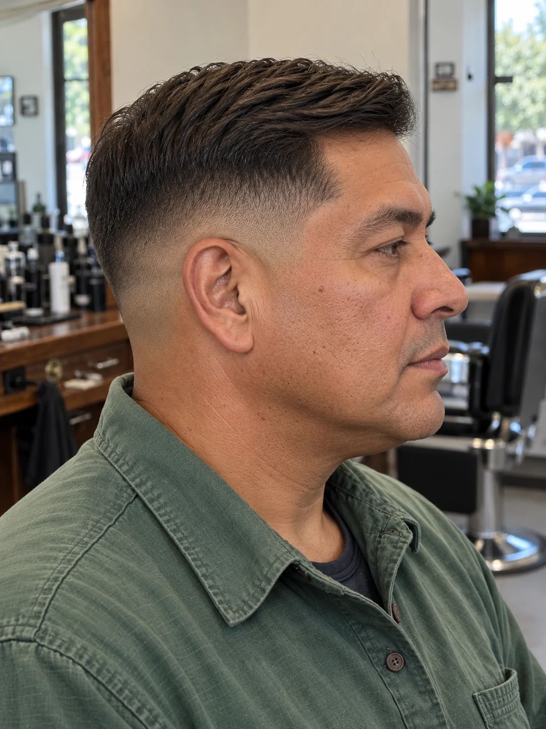 AI haircut concept: low skin fade with a defined side-part comb-over, opposite-side view.
