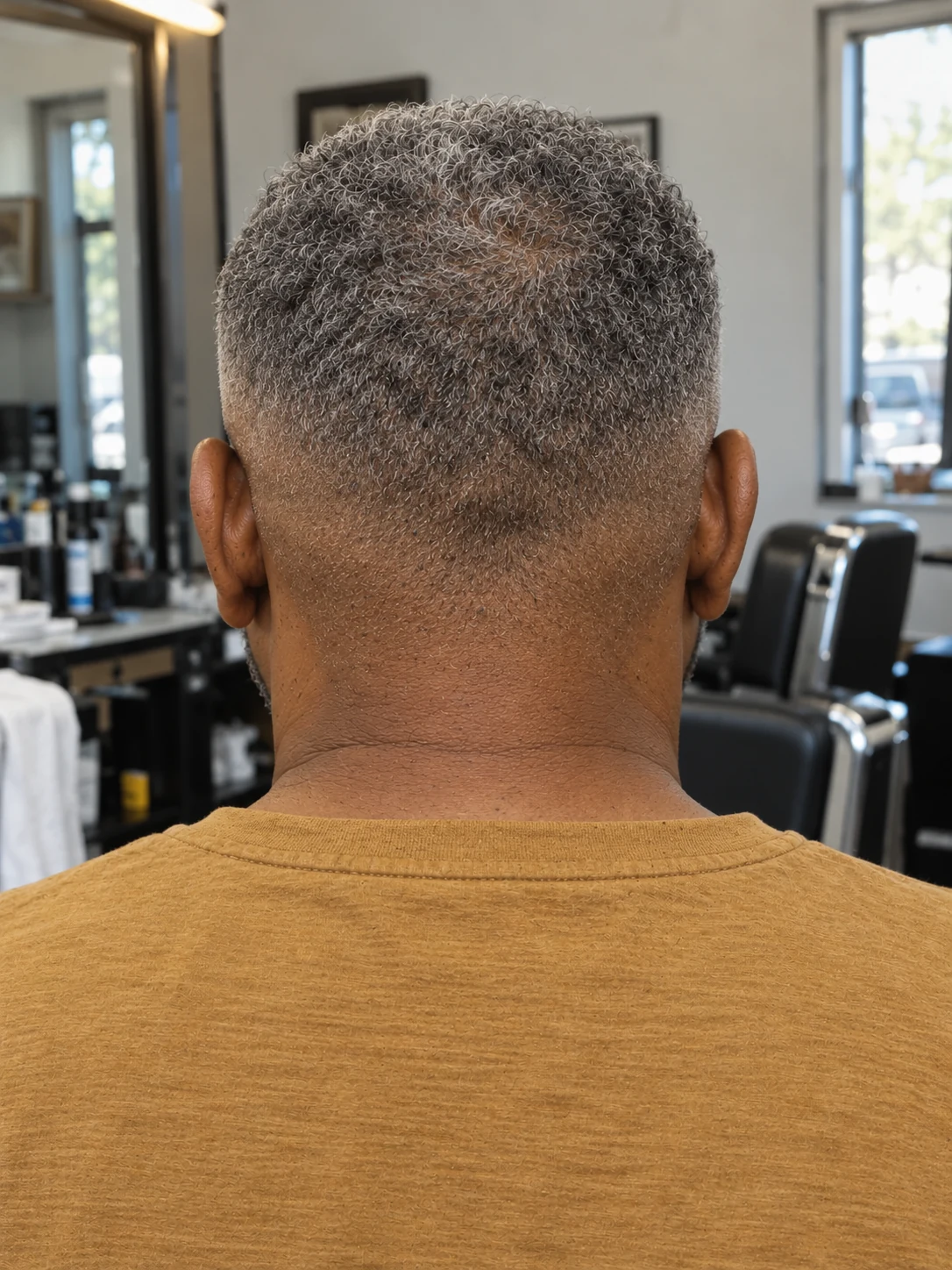 AI haircut concept: mid shadow fade with short silver curls, rear view.