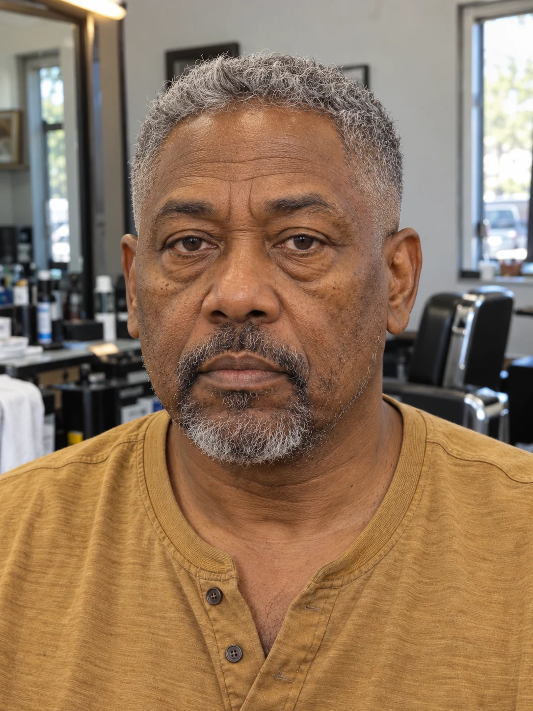AI haircut concept: mid shadow fade with short silver curls, front view.