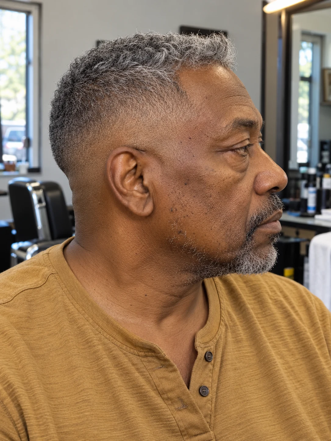 AI haircut concept: mid shadow fade with short silver curls, opposite-side view.