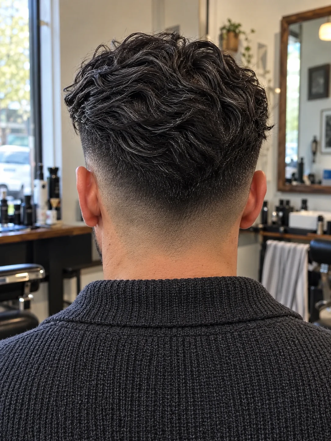 AI haircut concept: high drop fade with an elephant-trunk wave, rear view.