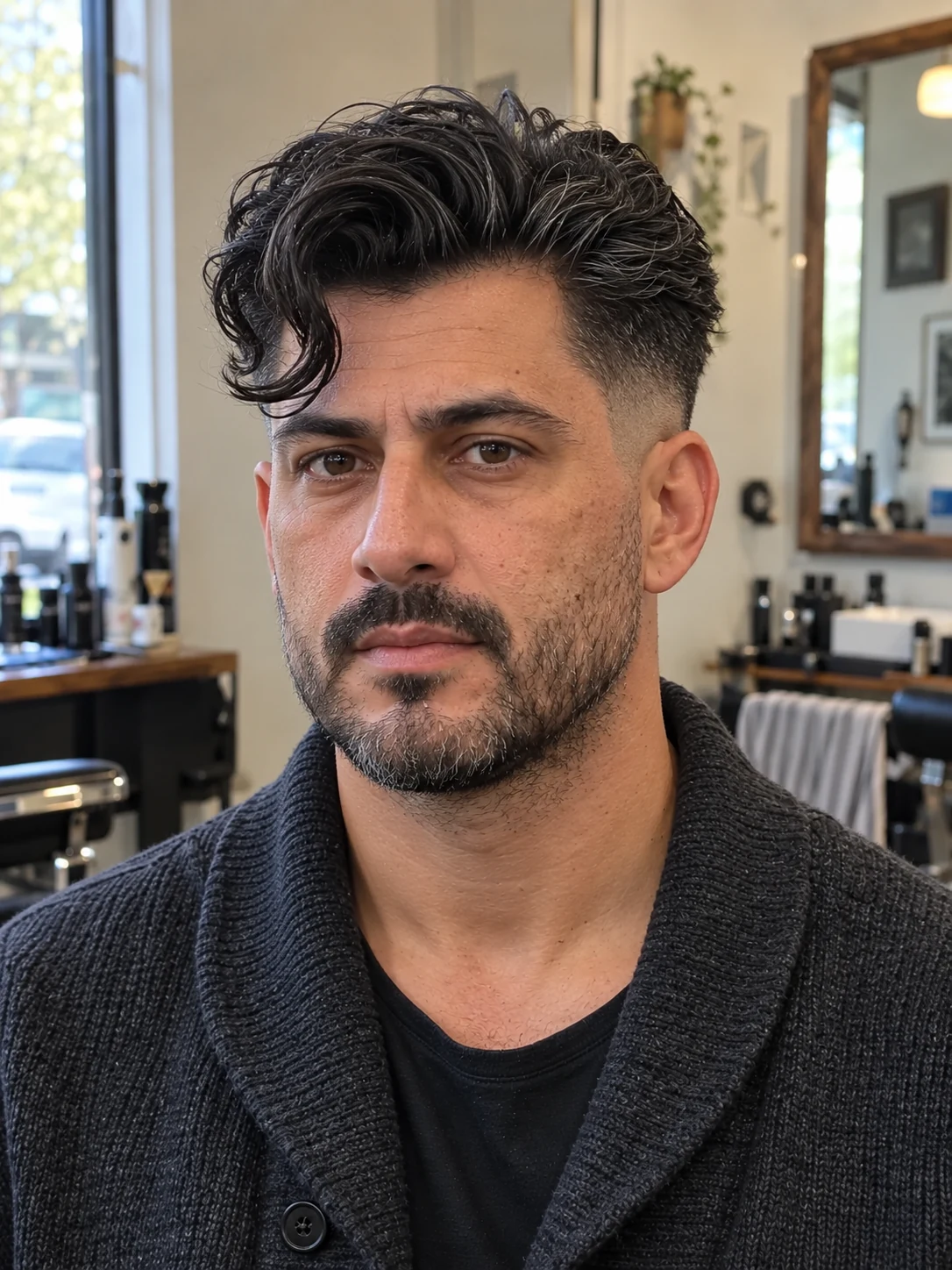 AI haircut concept: high drop fade with an elephant-trunk wave, front view.