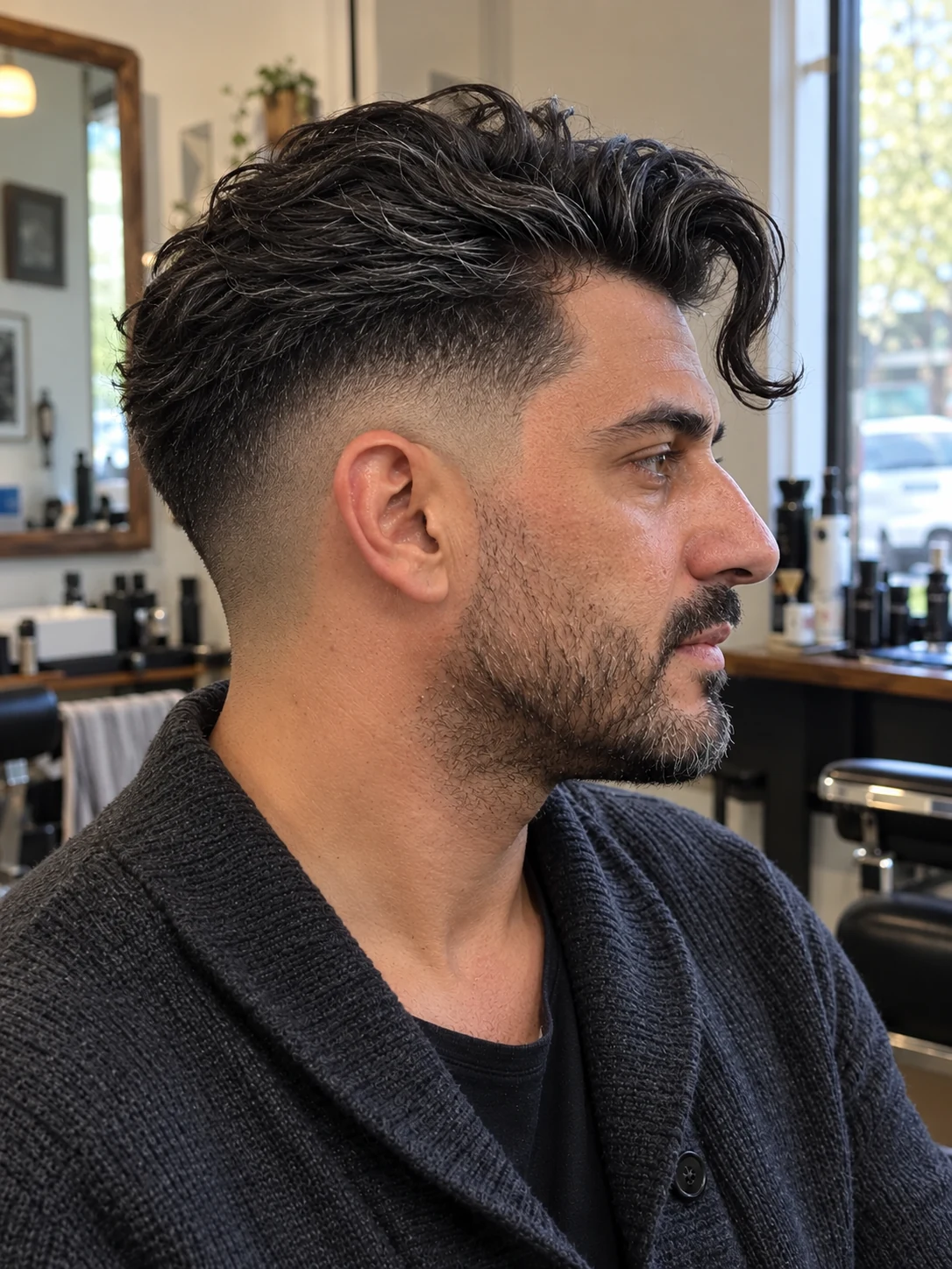 AI haircut concept: high drop fade with an elephant-trunk wave, opposite-side view.