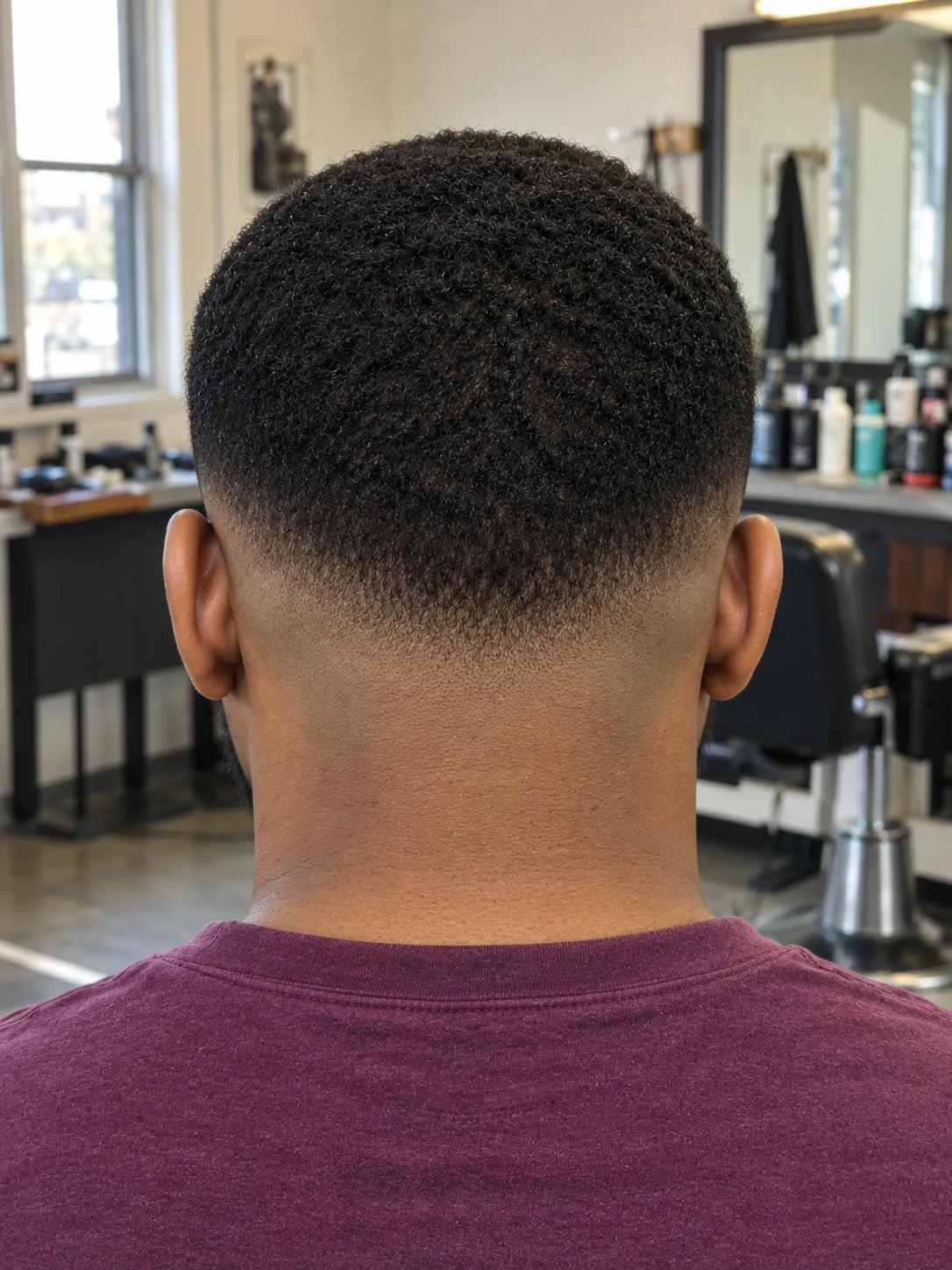 AI haircut concept: low drop fade with a coily edgar crop, rear view.