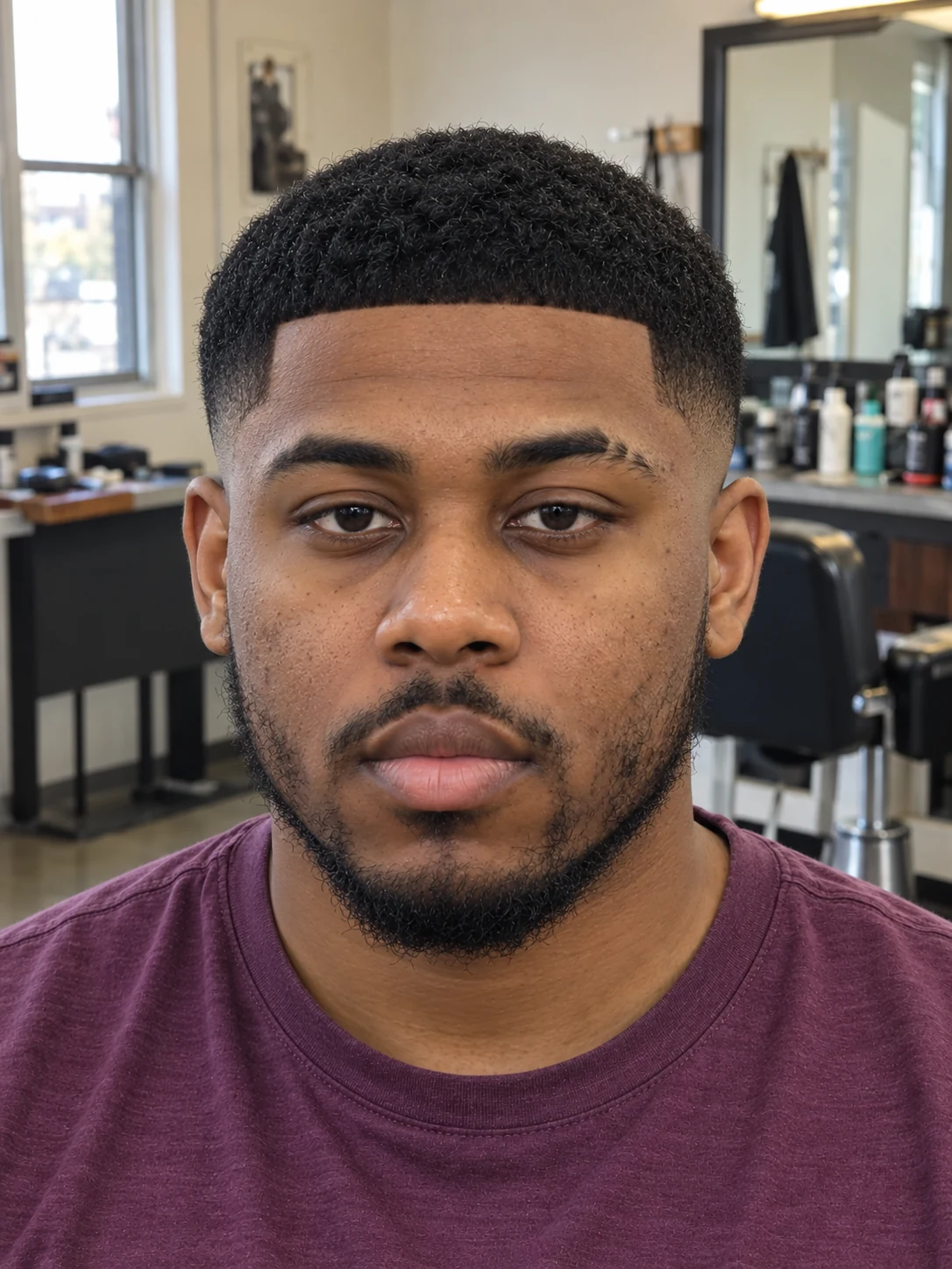 AI haircut concept: low drop fade with a coily edgar crop, front view.