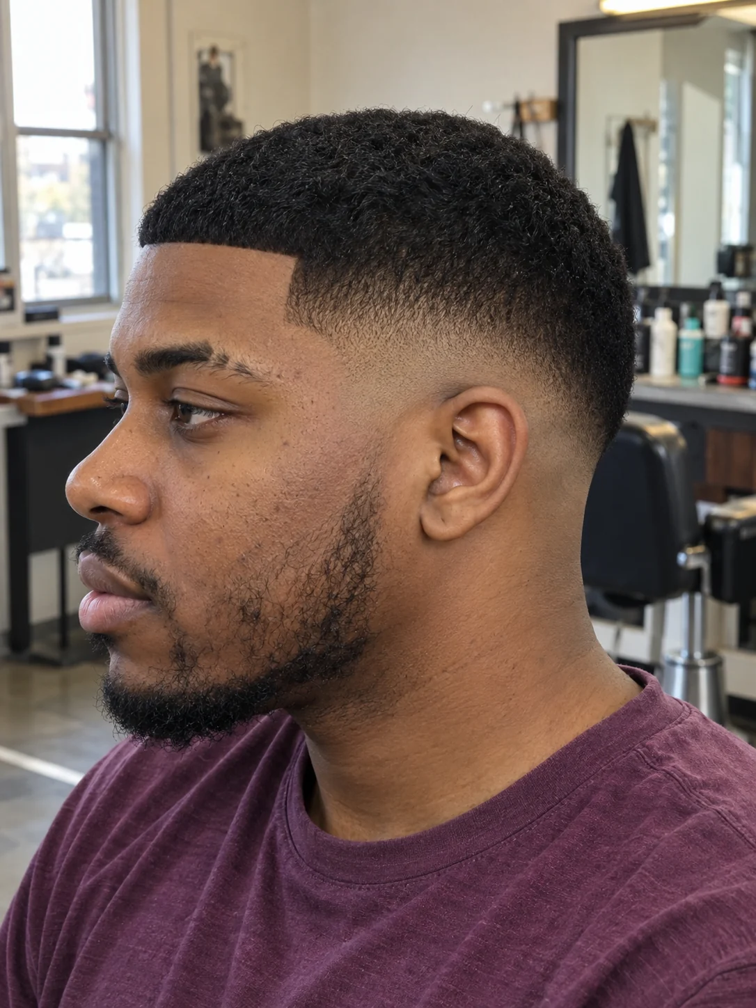 AI concept: low drop fade with a coily edgar crop, left-side angled view.
