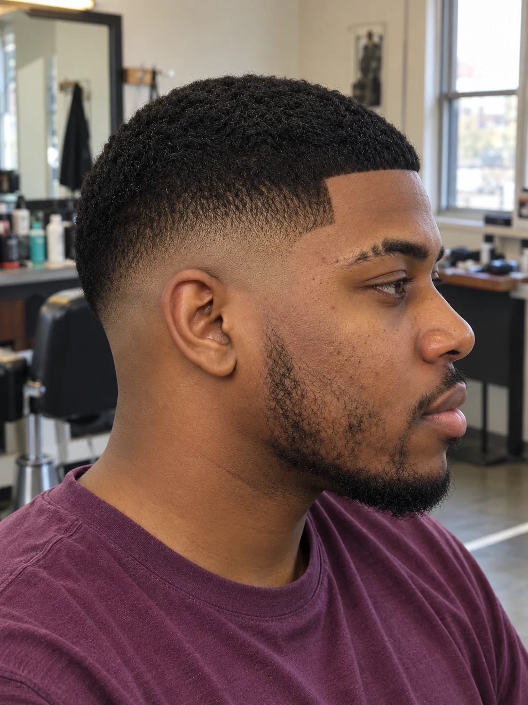 AI haircut concept: low drop fade with a coily edgar crop, opposite-side view.