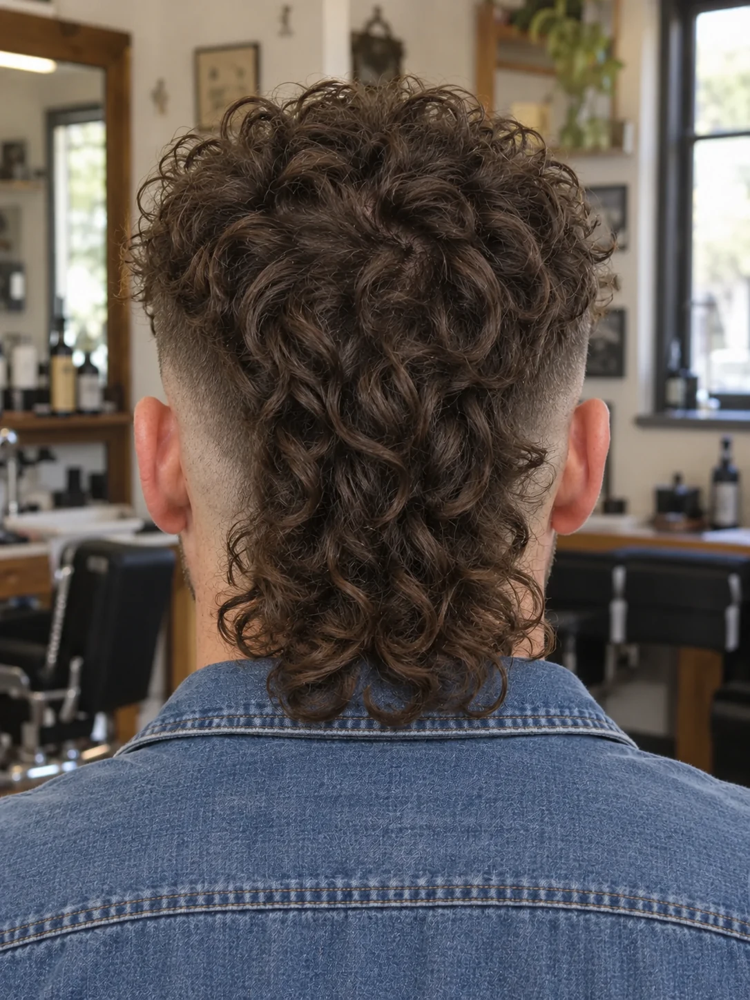 AI haircut concept: mid burst fade with a corkscrew mullet, rear view.