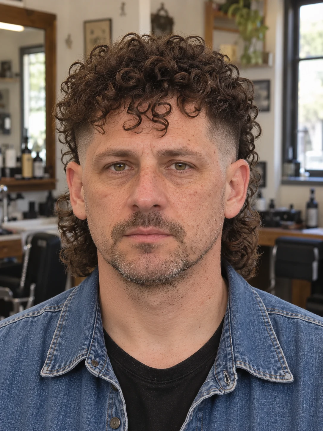 AI haircut concept: mid burst fade with a corkscrew mullet, front view.