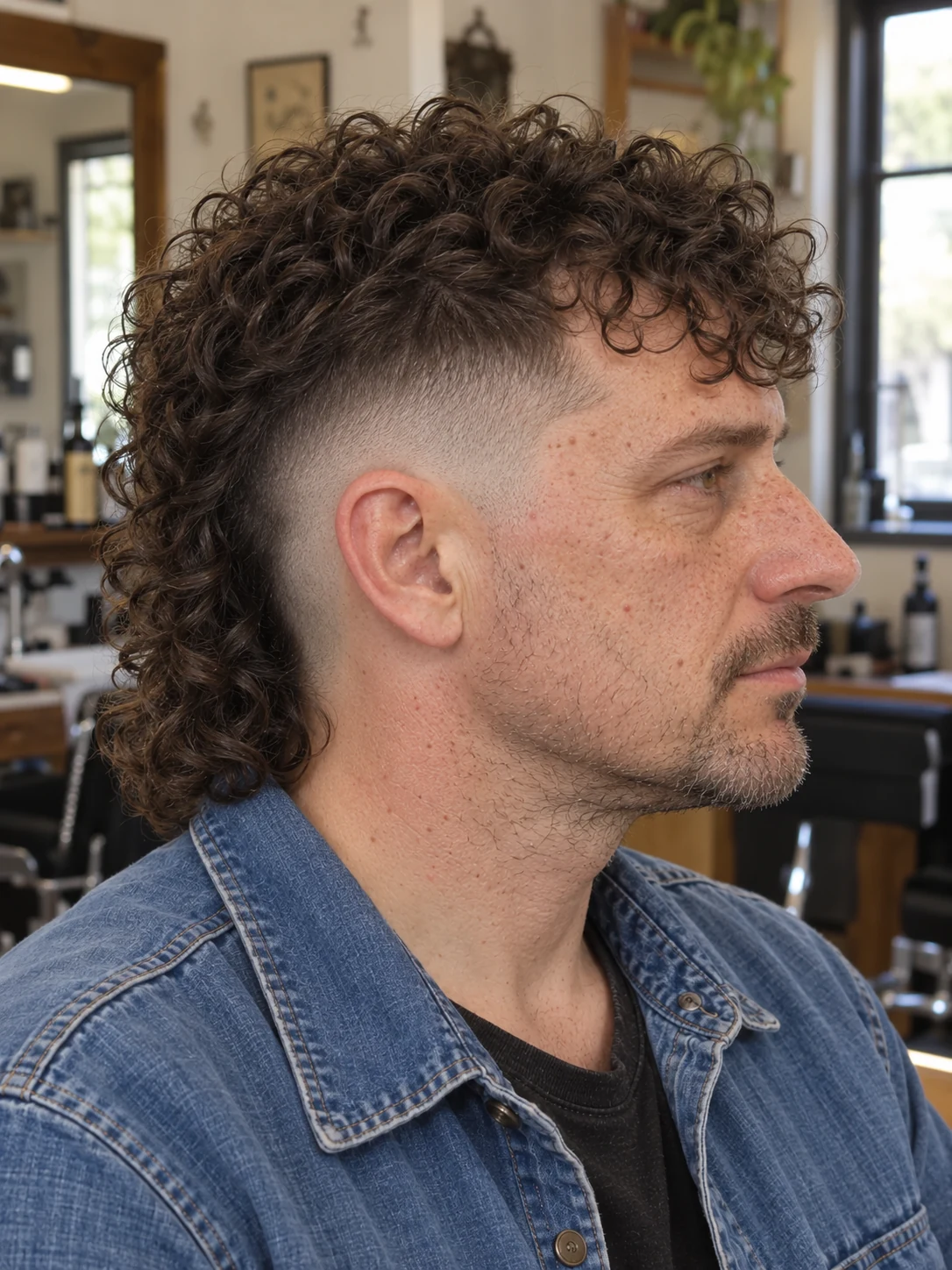 AI haircut concept: mid burst fade with a corkscrew mullet, opposite-side view.