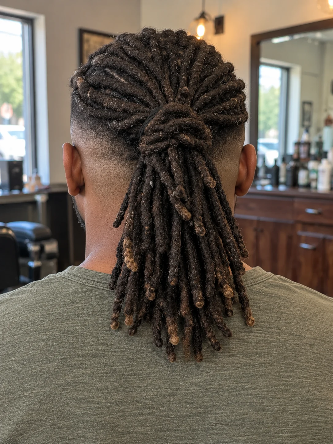 AI haircut concept: high skin fade with swept-back long locs, rear view.