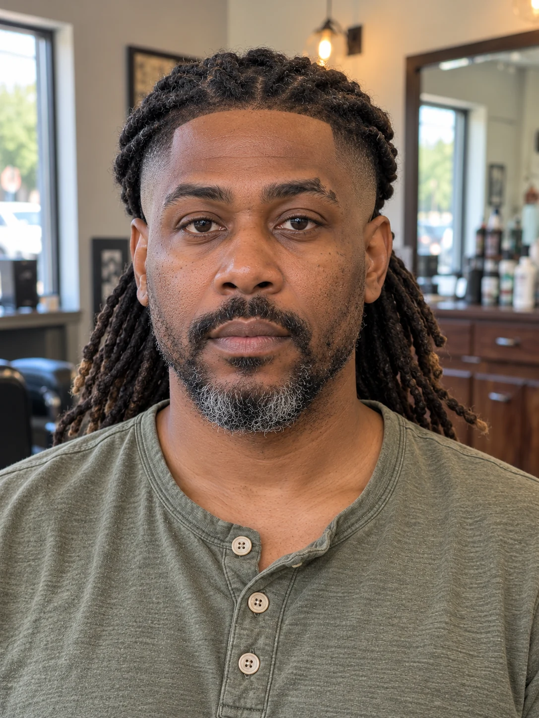 AI haircut concept: high skin fade with swept-back long locs, front view.
