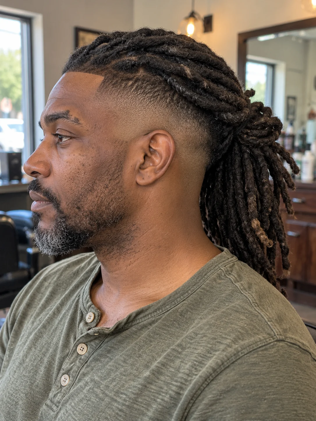 AI concept: high skin fade with swept-back long locs, left-side near-profile view.
