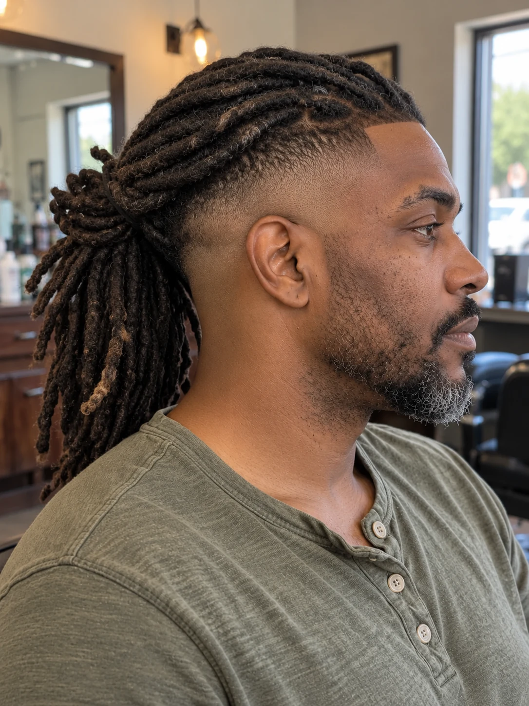 AI haircut concept: high skin fade with swept-back long locs, opposite-side view.