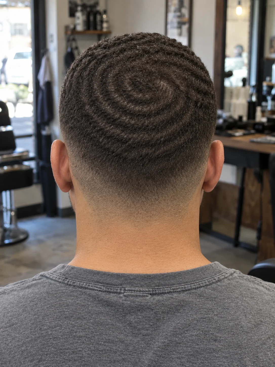 AI haircut concept: low shadow fade with a cropped wave pattern, rear view.
