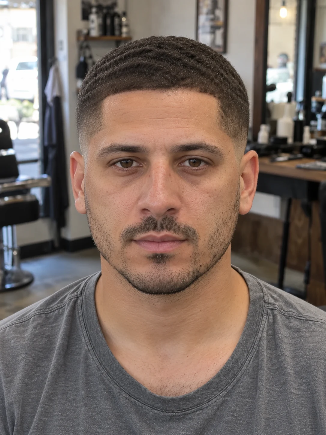 AI haircut concept: low shadow fade with a cropped wave pattern, front view.