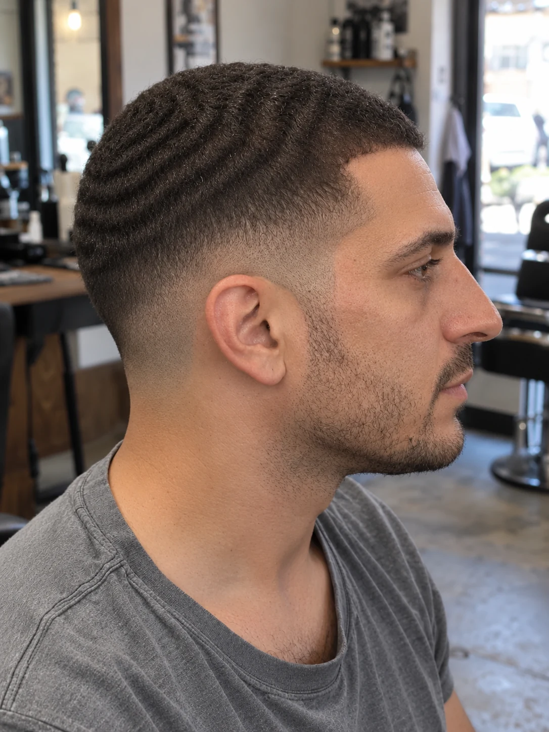AI haircut concept: low shadow fade with a cropped wave pattern, opposite-side view.