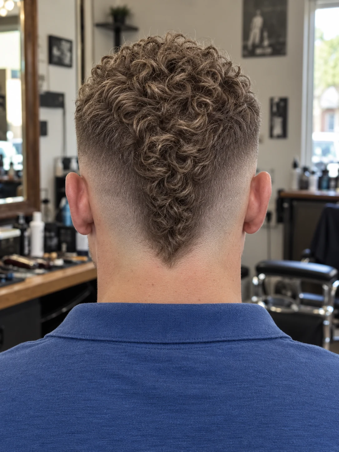 AI haircut concept: mid drop fade with a narrow curly mohawk, rear view.