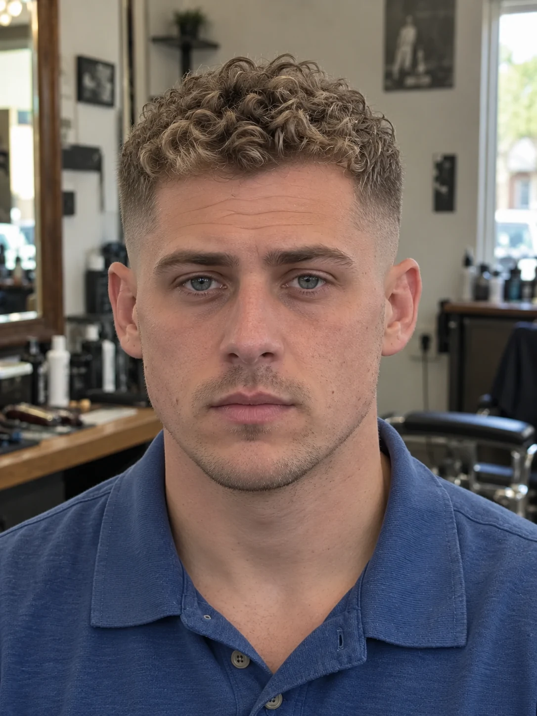 AI haircut concept: mid drop fade with a narrow curly mohawk, front view.