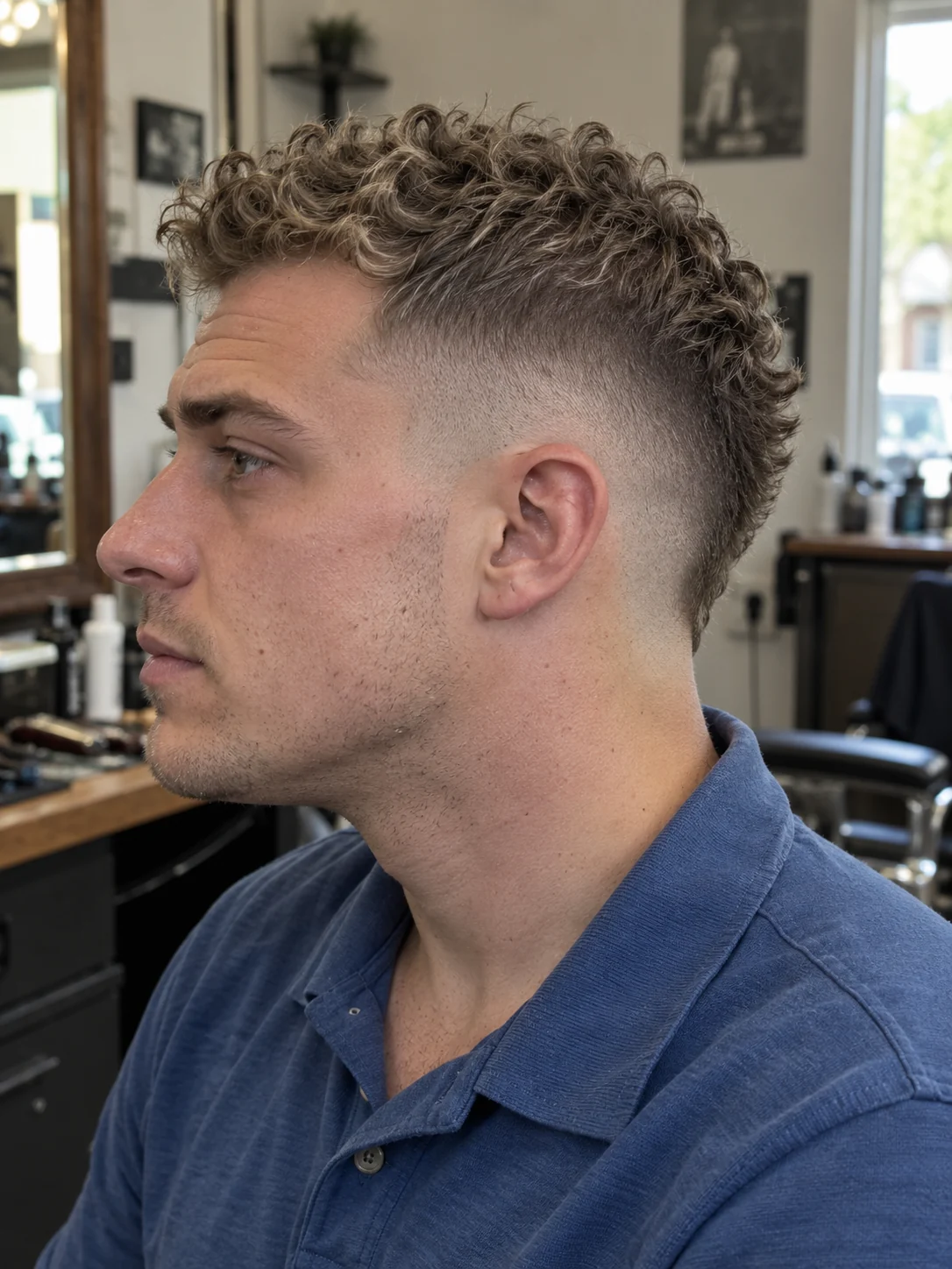 AI concept: mid drop fade with a narrow curly mohawk, left-side near-profile view.