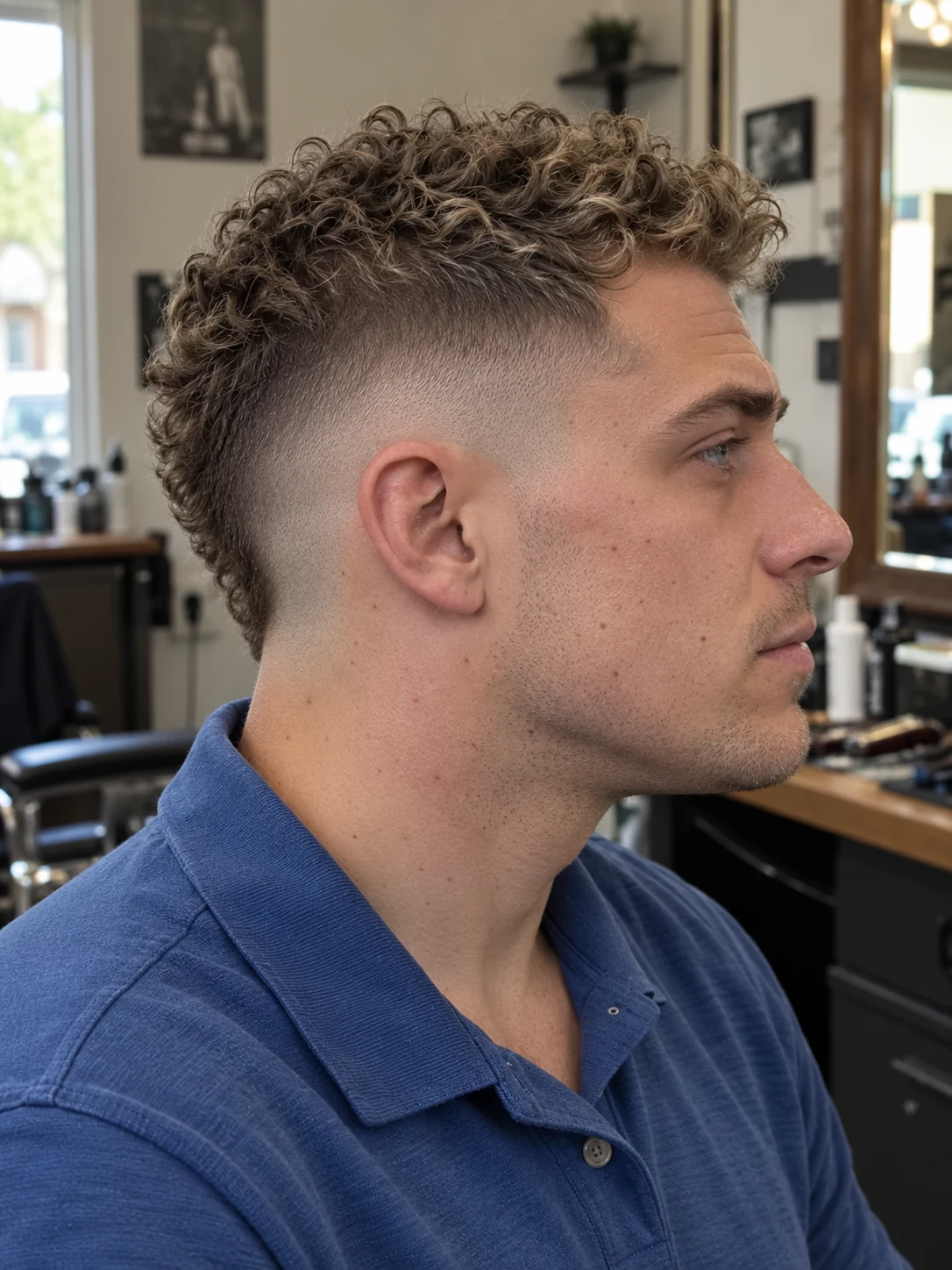 AI haircut concept: mid drop fade with a narrow curly mohawk, opposite-side view.