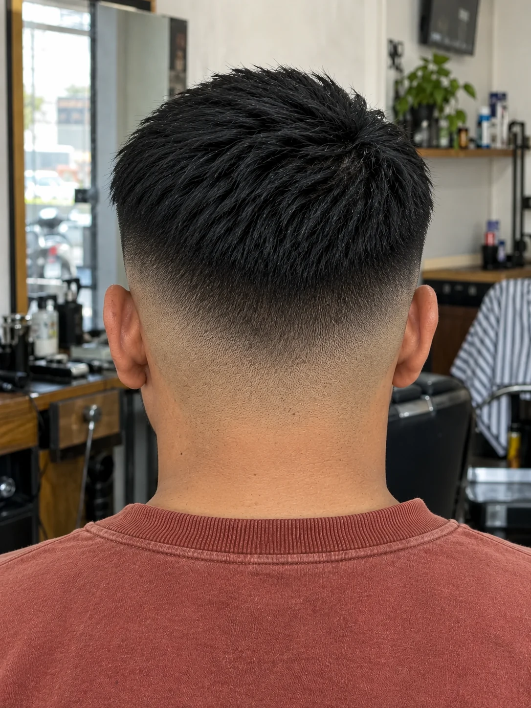 AI haircut concept: high shadow fade with a jagged asymmetric fringe, rear view.