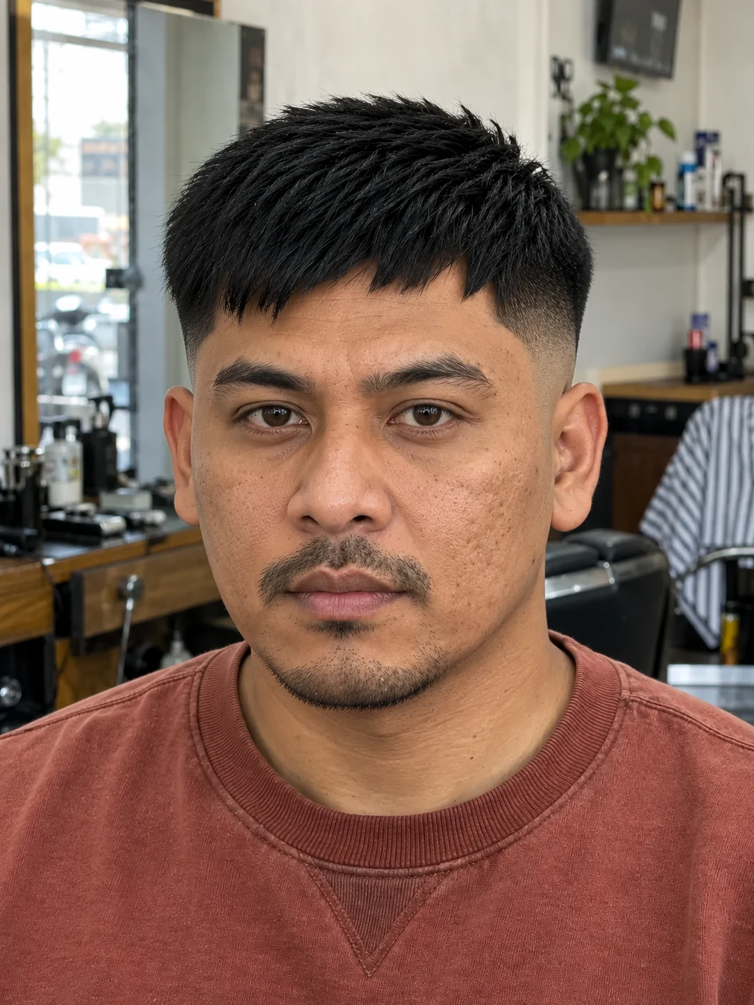AI haircut concept: high shadow fade with a jagged asymmetric fringe, front view.