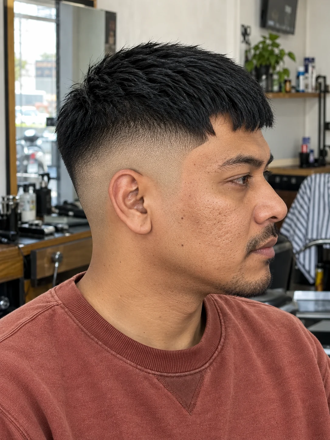AI haircut concept: high shadow fade with a jagged asymmetric fringe, opposite-side view.