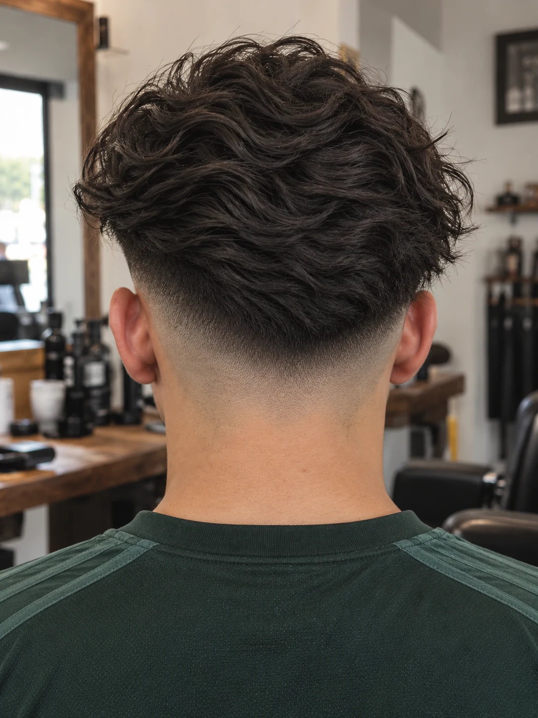 AI haircut concept: low skin fade with disconnected loose waves, rear view.