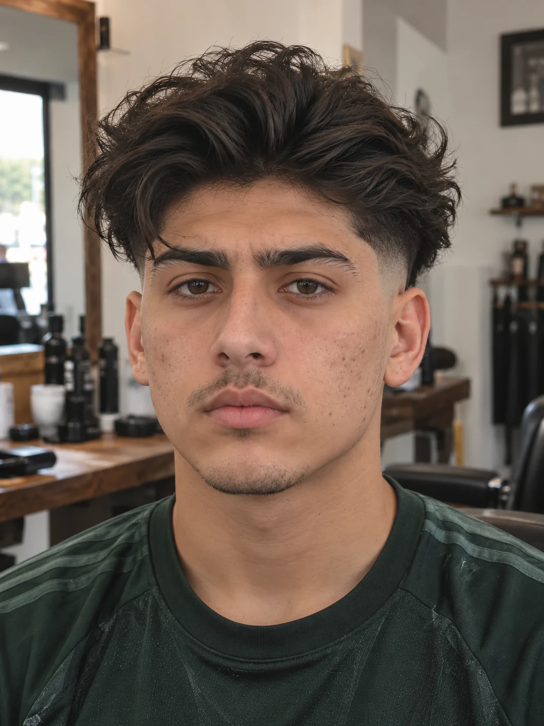 AI haircut concept: low skin fade with disconnected loose waves, front view.