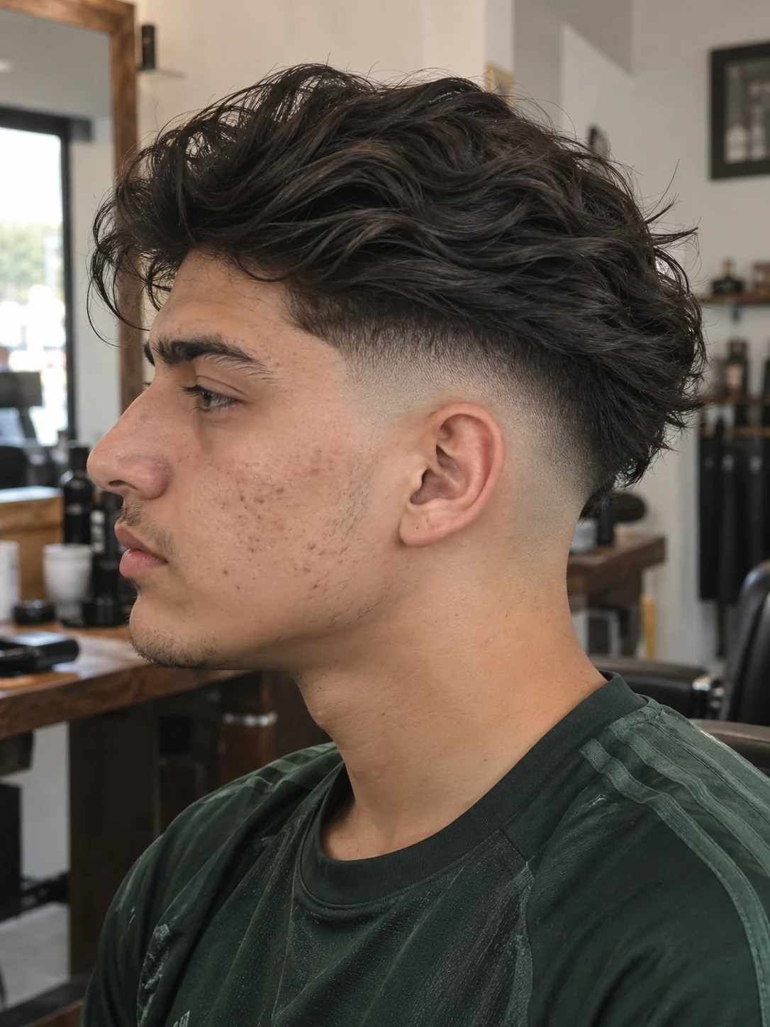 AI concept: low skin fade with disconnected loose waves, left-side near-profile view.