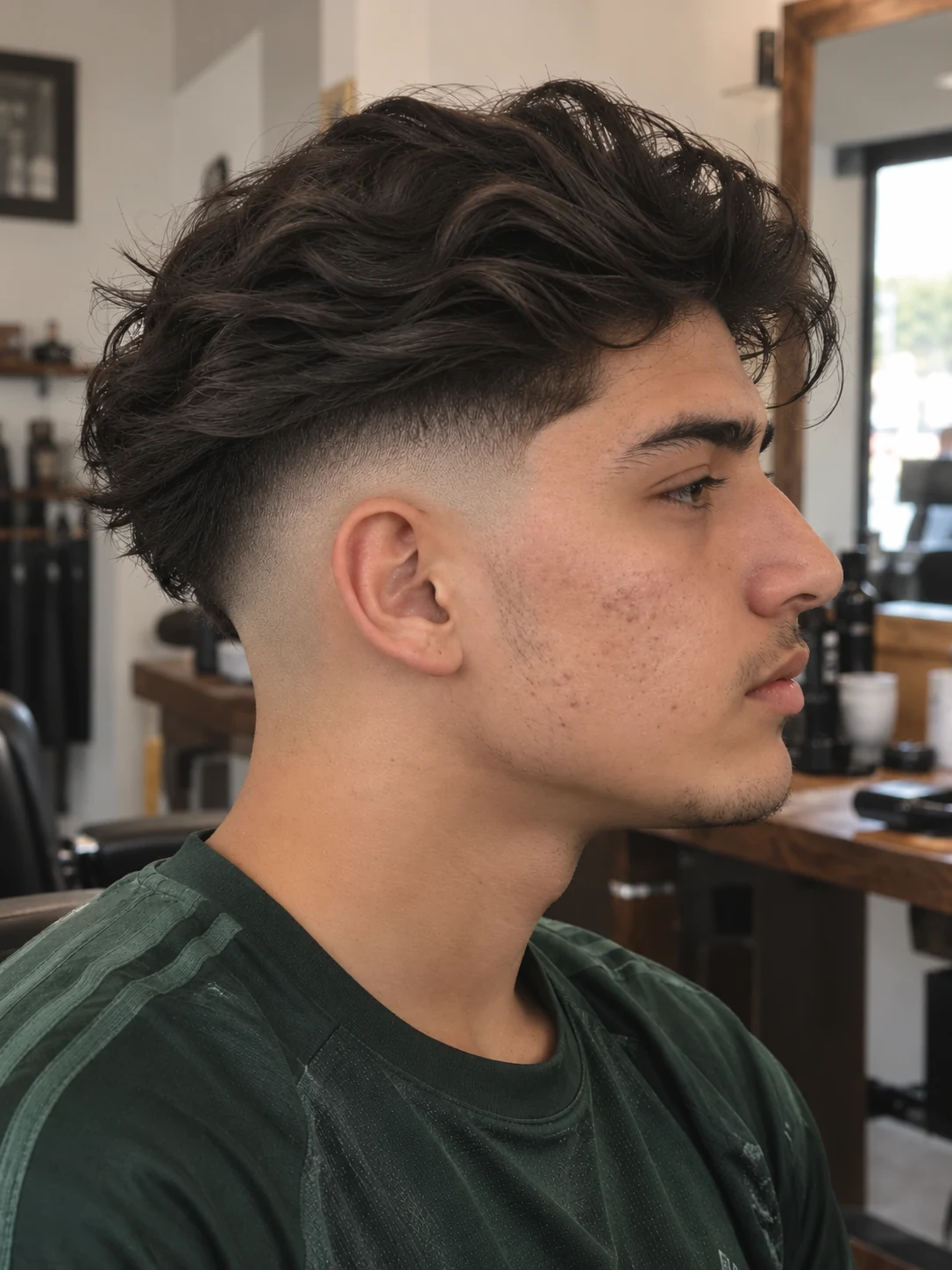 AI haircut concept: low skin fade with disconnected loose waves, opposite-side view.