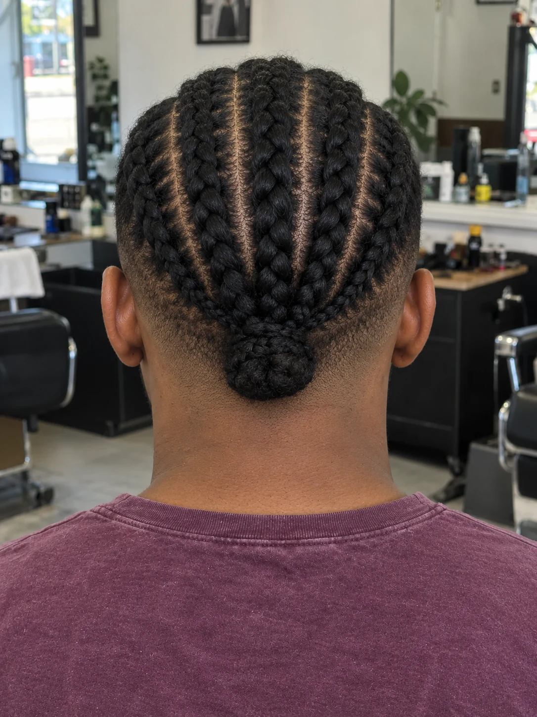 AI haircut concept: mid burst fade with broad cornrows, rear view.