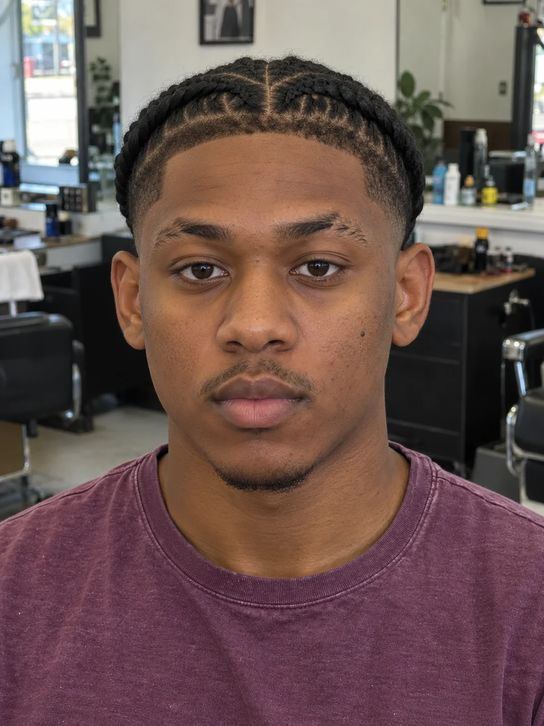 AI haircut concept: mid burst fade with broad cornrows, front view.