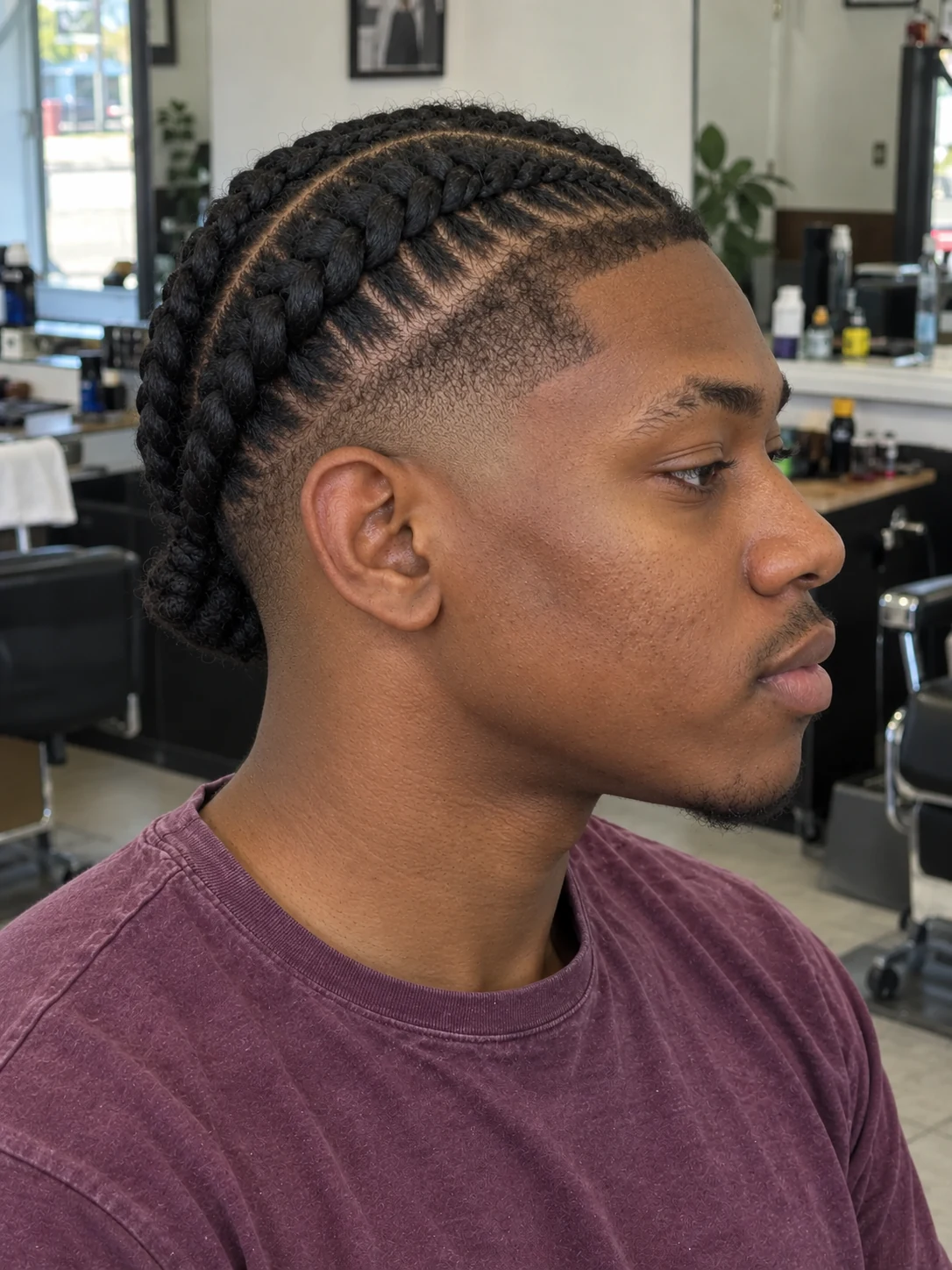 AI haircut concept: mid burst fade with broad cornrows, opposite-side view.