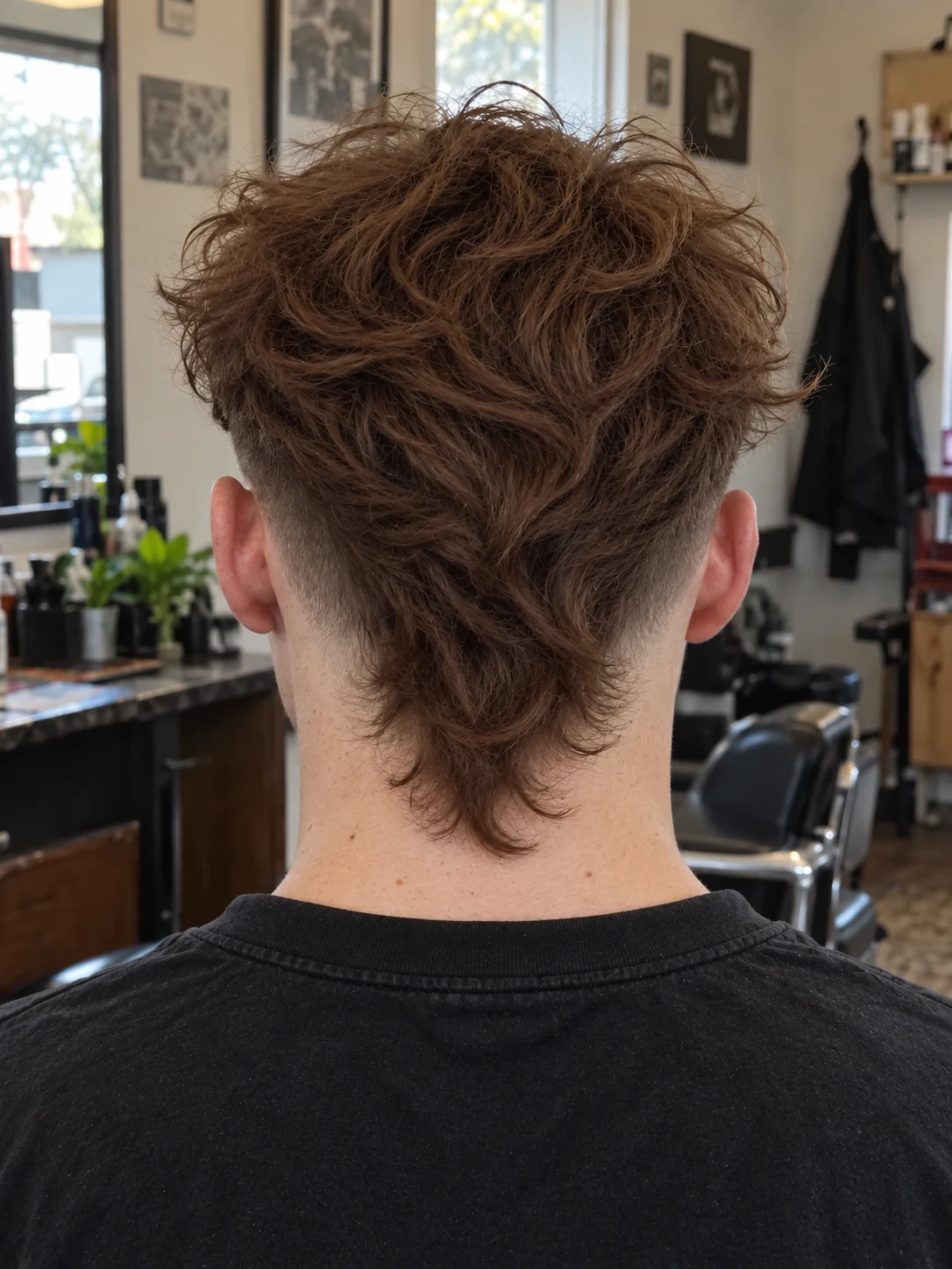 AI haircut concept: high drop fade with a layered wolf mullet, rear view.