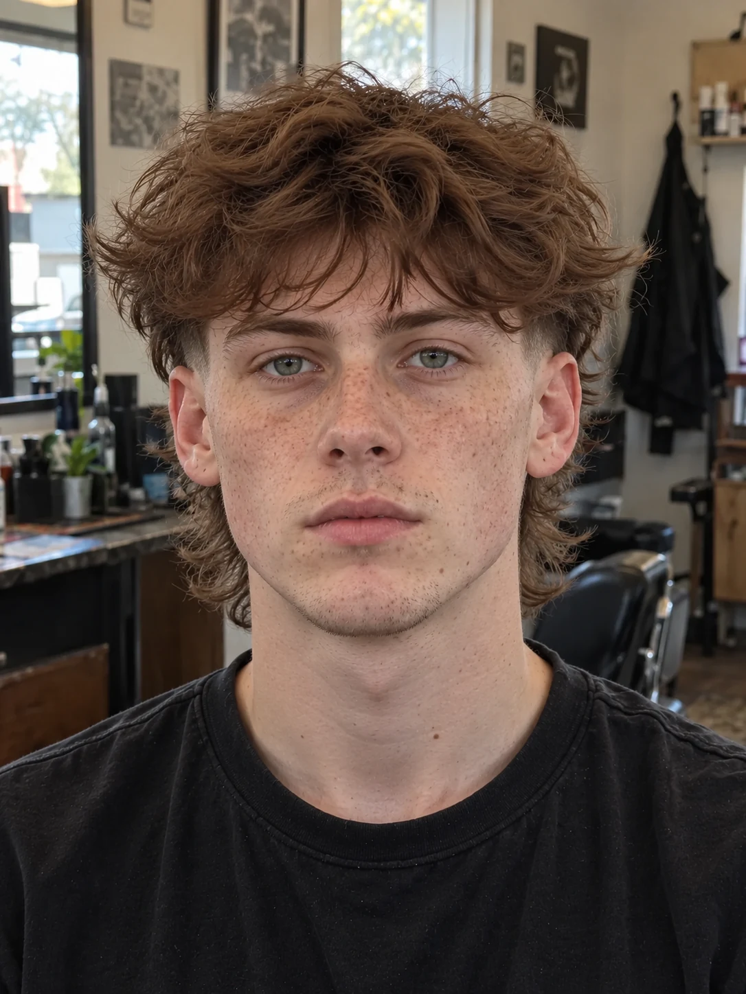 AI haircut concept: high drop fade with a layered wolf mullet, front view.